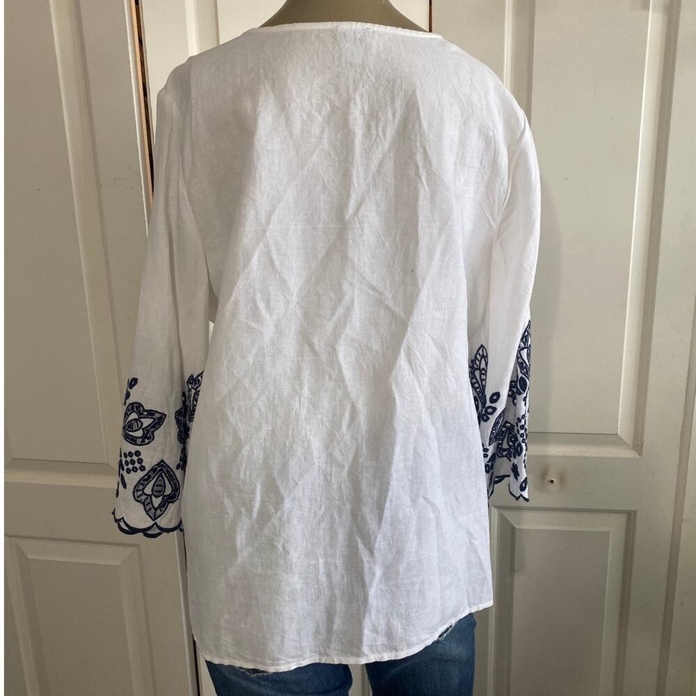 Chico's Linen Blend Embroidered Tunic Top White Blue Tassel Size 2 (US 12/14) - Picture 3 of 9